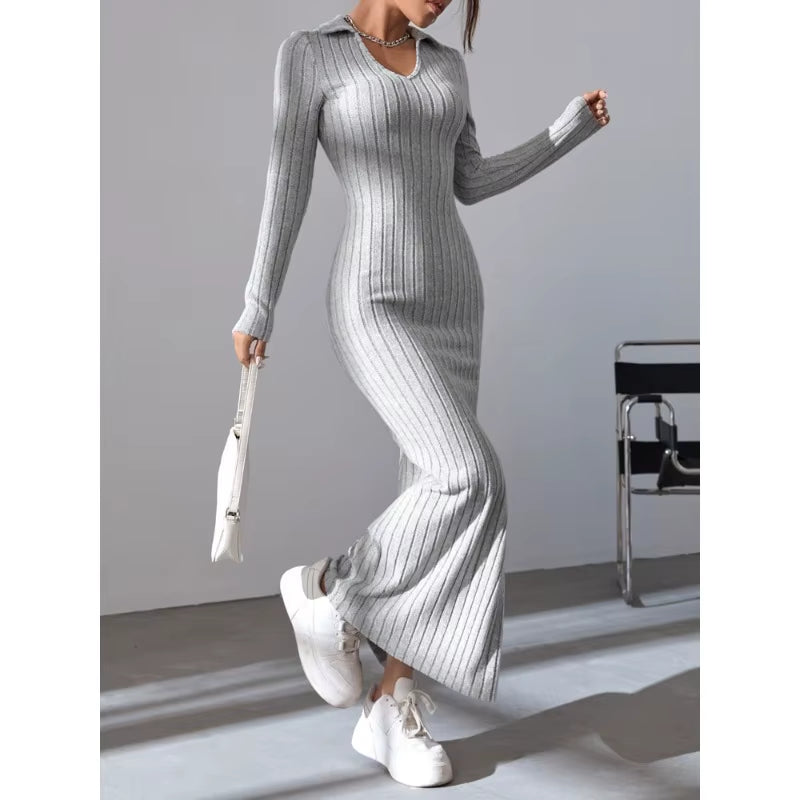 2024 New Women'S Sexy Knitted V-Neck Reverse Collar Split Dress Autumn/Winter Long Sleeve Elastic Basic Body Sweater