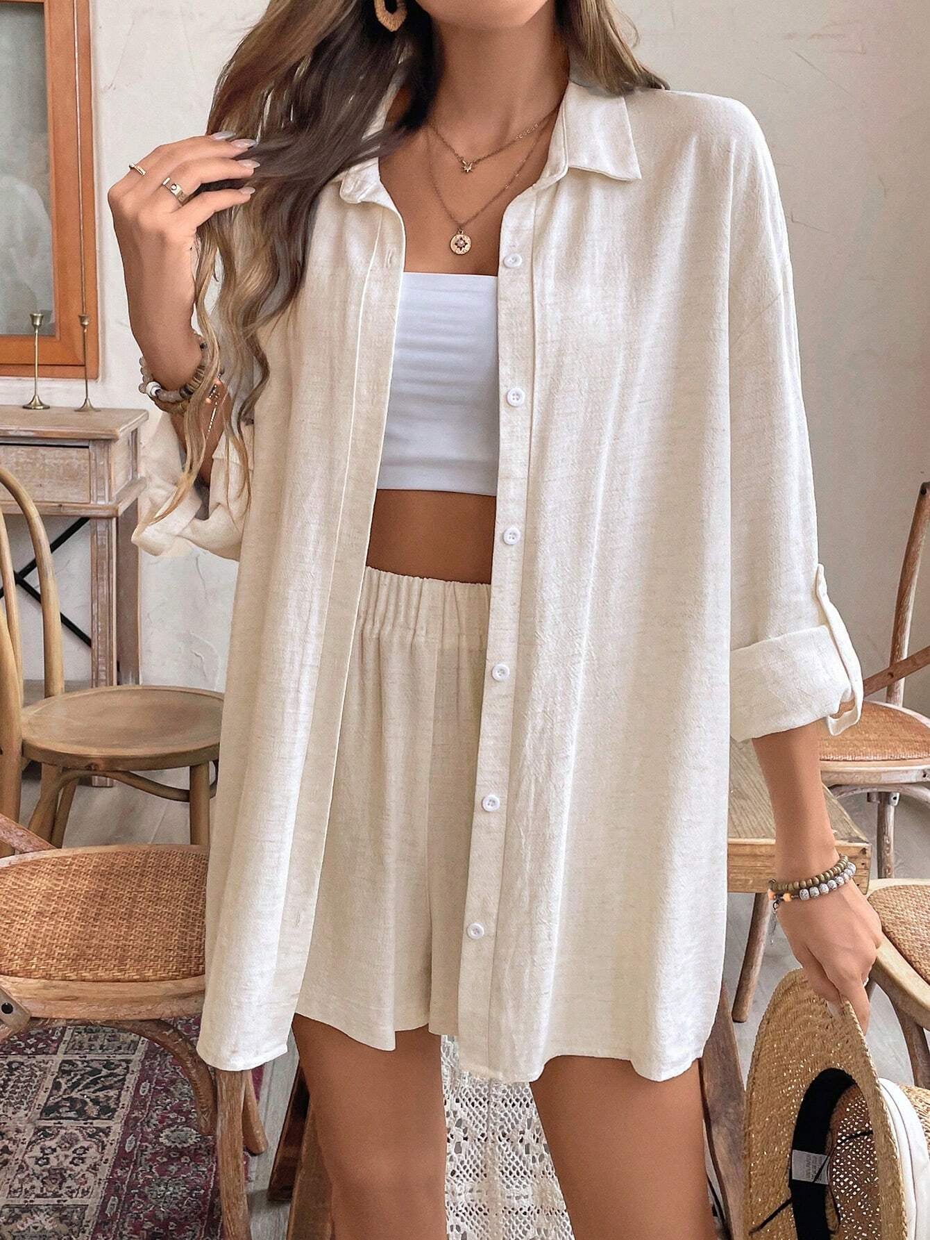 Frenchy Solid Drop Shoulder Linen Shirt & Shorts Linen Fabric Suit Back to School Clothes Fall Women Clothes Old Money Style Teacher Outfits Business Women Clothes Teacher Shirts Commute Minimalist Office Old Money Simple