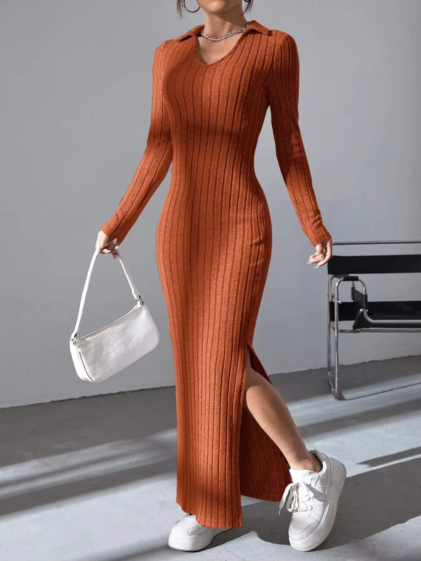 2024 New Women'S Sexy Knitted V-Neck Reverse Collar Split Dress Autumn/Winter Long Sleeve Elastic Basic Body Sweater