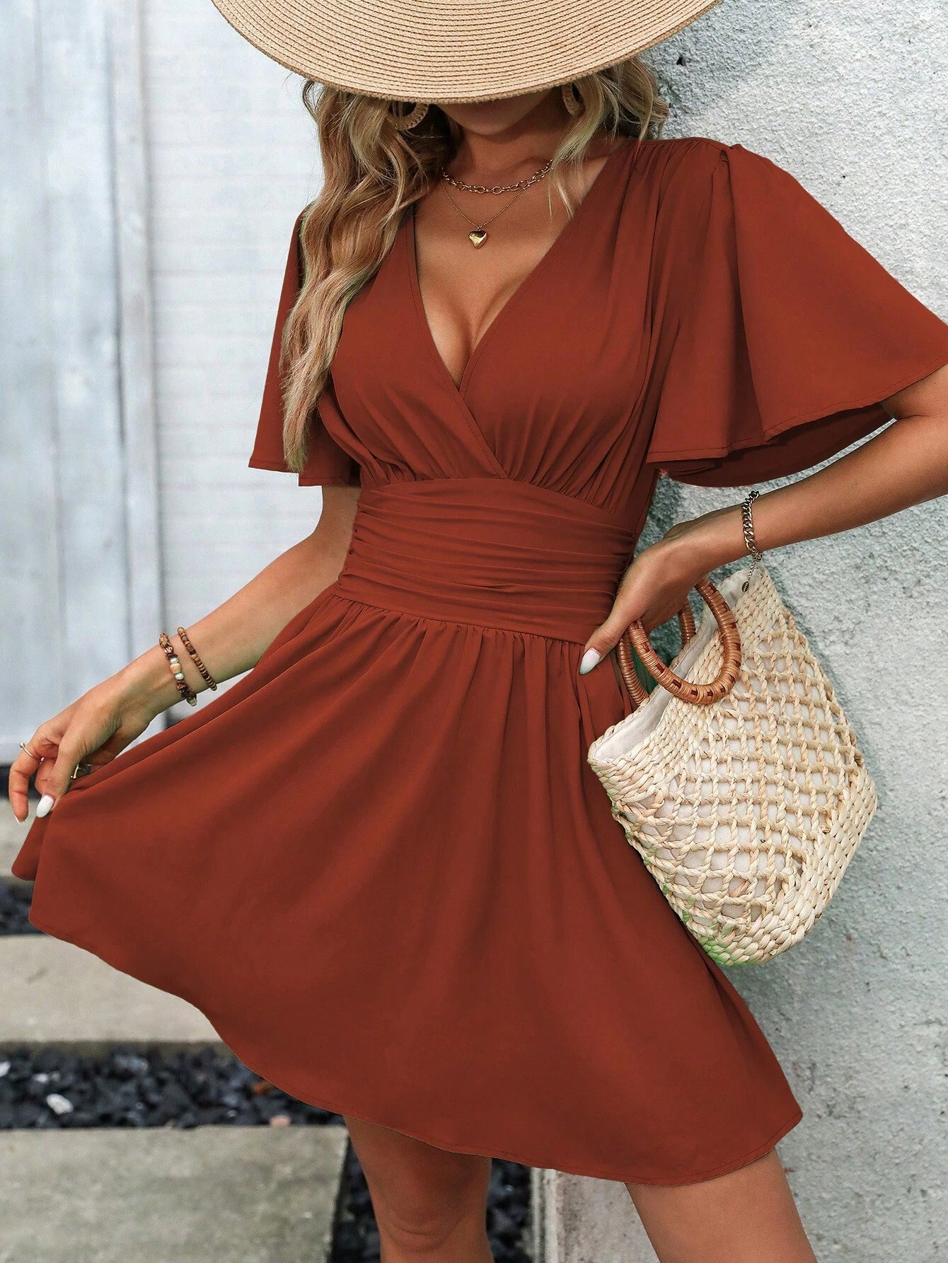 LUNE Plunging Neck Butterfly Sleeve Ruched Waist Dress