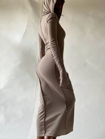 Fashionable Sexy Solid Colour Reverse Hem Summer Dress One Piece Slim Fit Long Hooded Dresses Casual Wooden Trim Y2K Streetwear