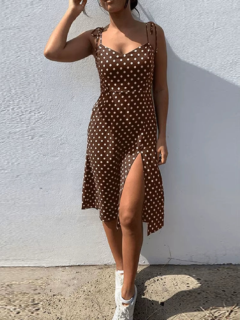 Dresses 2024 Sundress Summer Women Causal Polka Dot Sleeveless High Pleated Elastic Waist V-Neck Beach Dress Vestidos De Verano