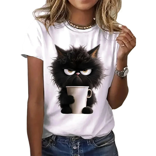 Funny Cat Women Summer White Print T-Shirt Girl Casual Short Sleeve O Neck Top for Summer Female Animal Clothing