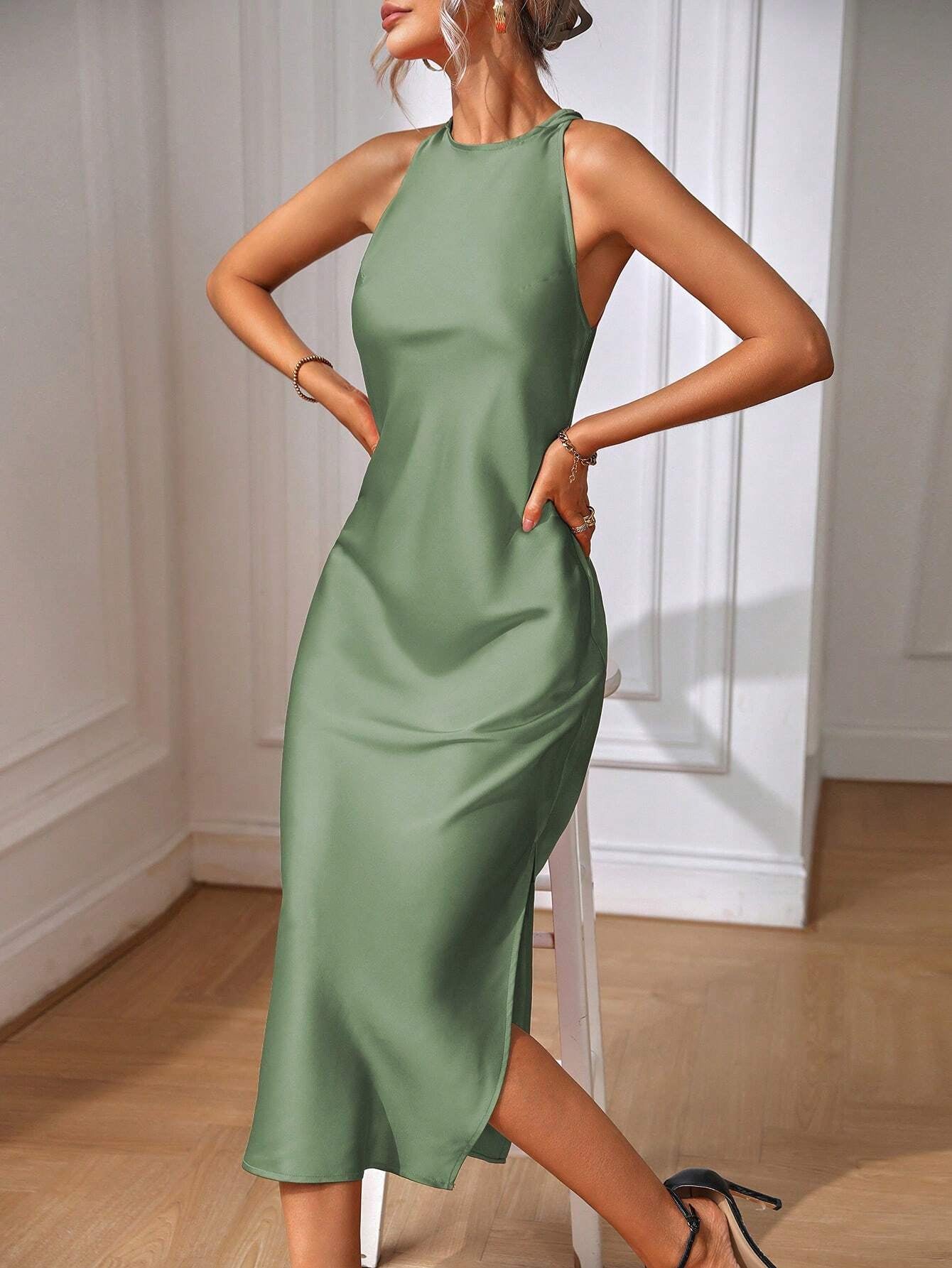 Clasi Solid Split Thigh Dress Maxi Women Outfit Sage Green Dress Elegantsilk Dress Formal