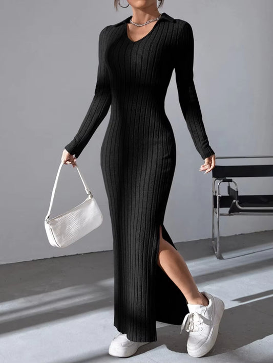 2024 New Women'S Sexy Knitted V-Neck Reverse Collar Split Dress Autumn/Winter Long Sleeve Elastic Basic Body Sweater