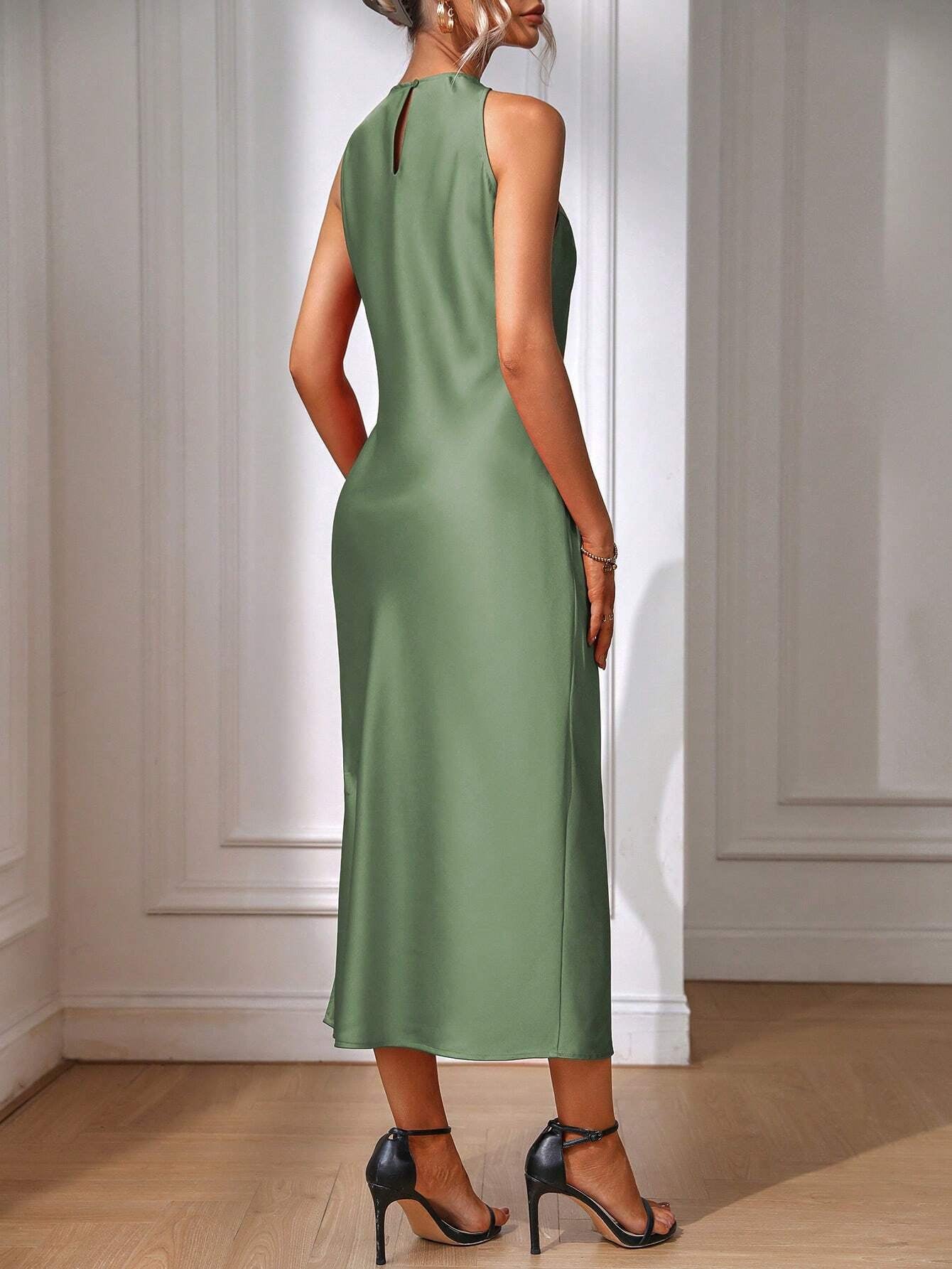 Clasi Solid Split Thigh Dress Maxi Women Outfit Sage Green Dress Elegantsilk Dress Formal