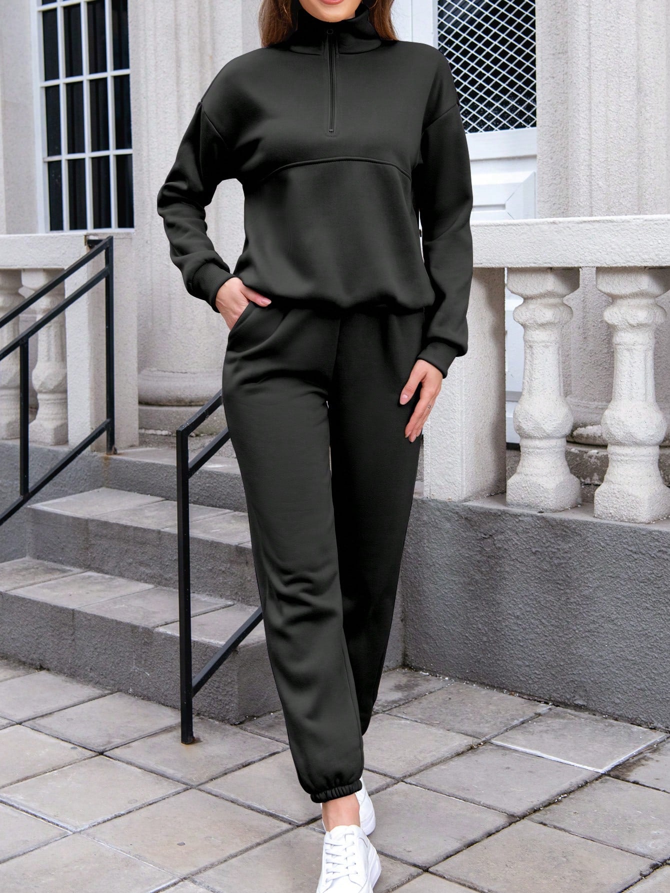 INAWLY Women'S Half Zipper Drop Shoulder Sweatshirt and Jogger Pants Two Piece Set