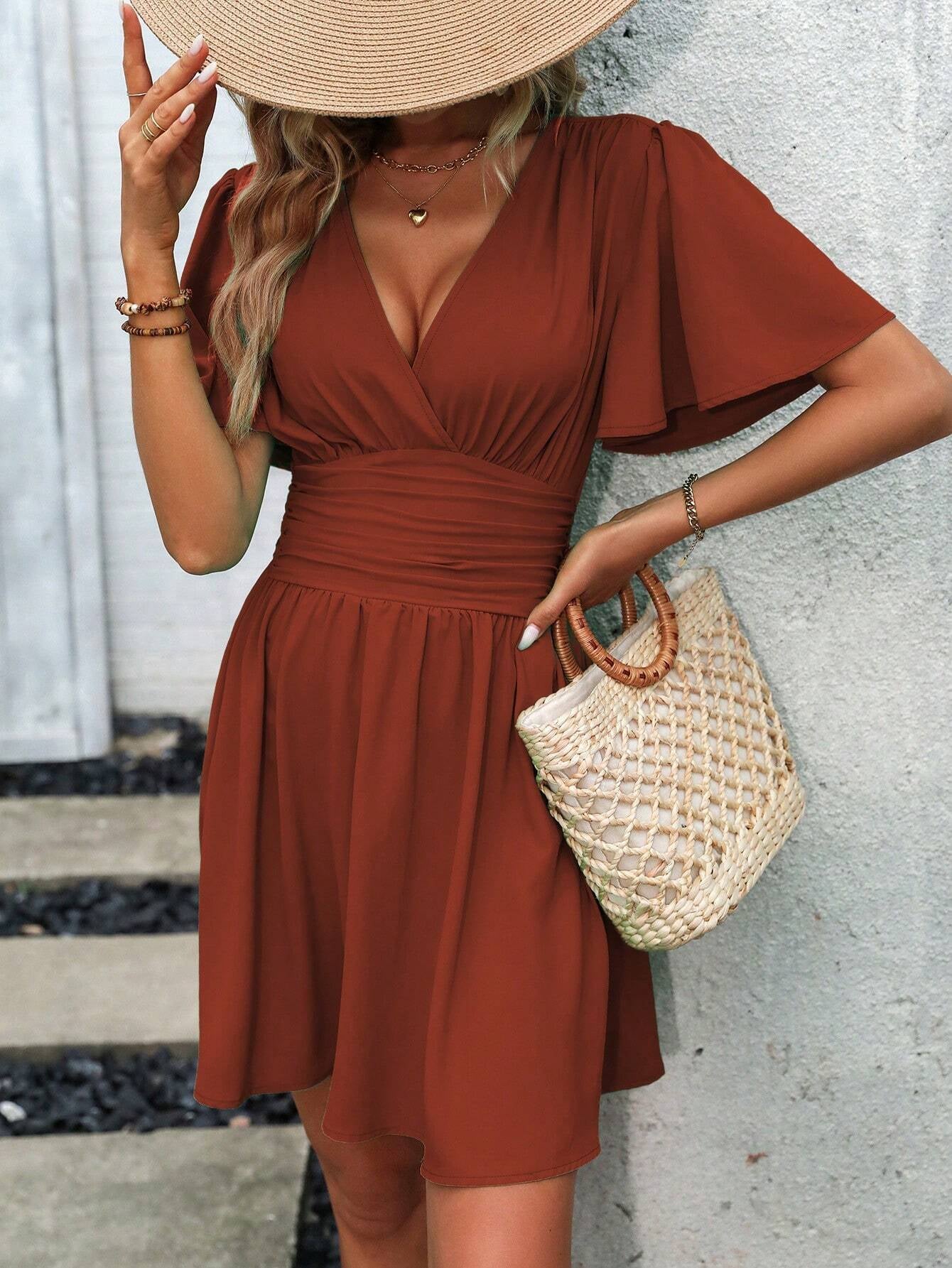 LUNE Plunging Neck Butterfly Sleeve Ruched Waist Dress