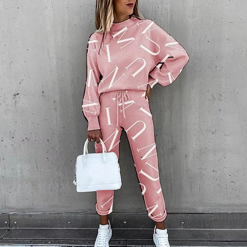 Tracksuit Letters Print/Tie Dye Sports Suit Women Long Sleeve Blouse Pockets Drawstring Pants Outfit for Spring/Autumn