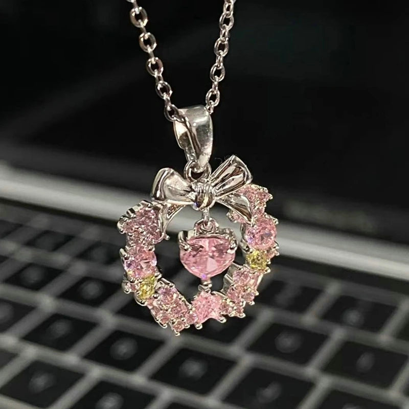 2023 Crystal Angel Wings Heart Pendant Necklace Y2K Girl Simple Pink White Zircon Love Elegant Ladies Necklace Women Jewelry