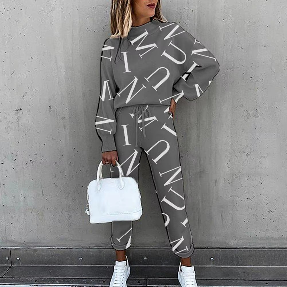 Tracksuit Letters Print/Tie Dye Sports Suit Women Long Sleeve Blouse Pockets Drawstring Pants Outfit for Spring/Autumn