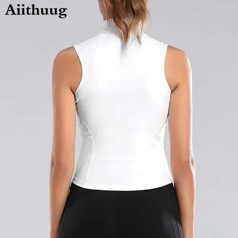 Aiithuug Athletic Zip up Sweat Vest Jacket Sleeveless Running Yoga Tops High Neck Shirts Sports Top Fitness Women Workout Tops