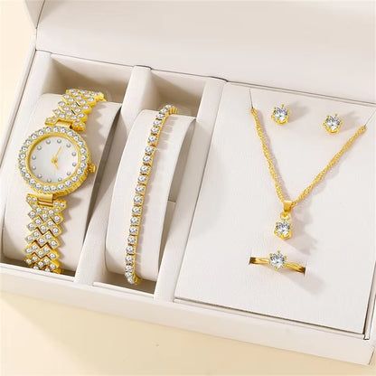 6PCS Set Luxury Watch Women Ring Necklace Earring Rhinestone Fashion Wristwatch Casual Ladies Watches Bracelet Set Clock