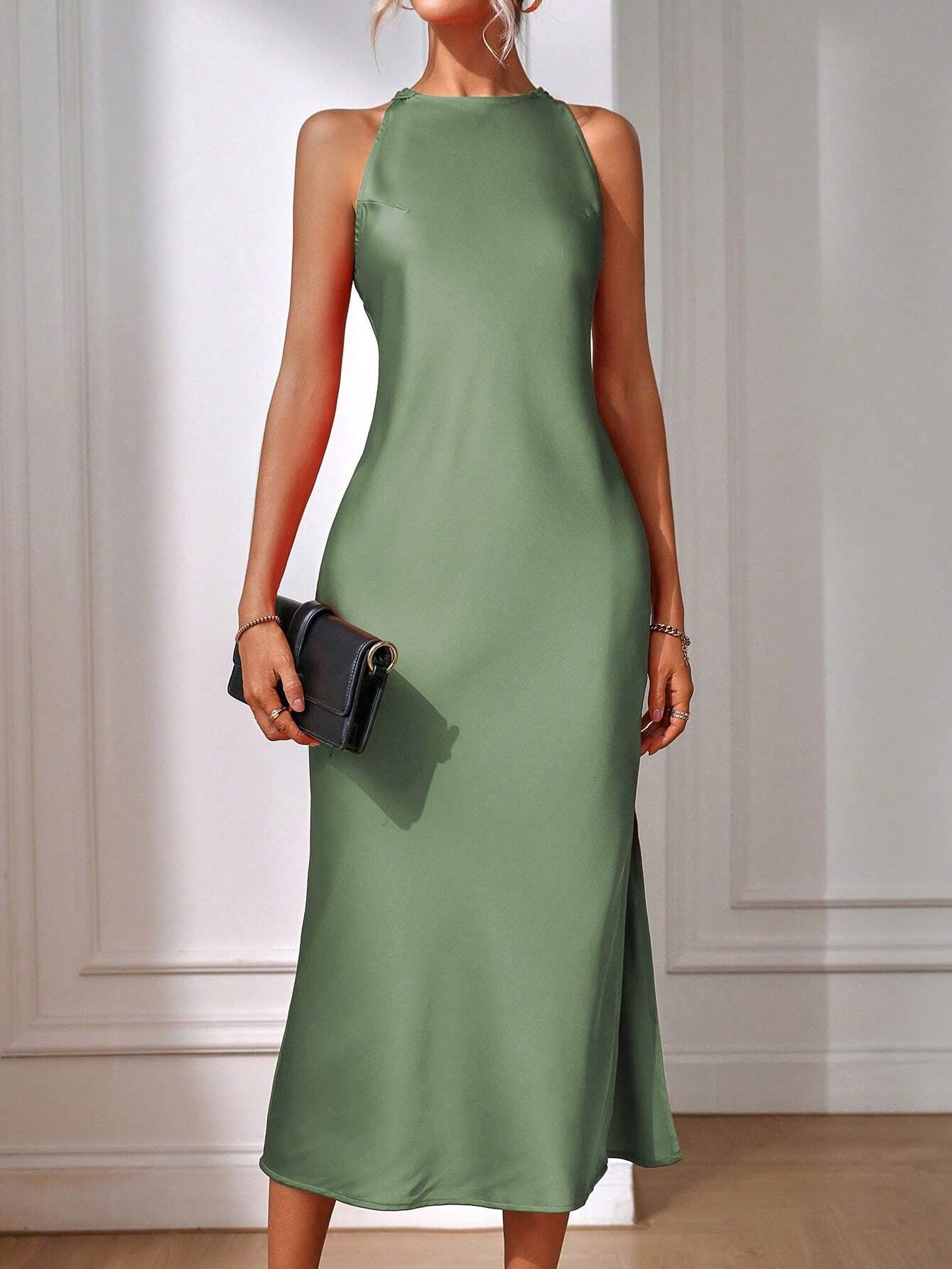 Clasi Solid Split Thigh Dress Maxi Women Outfit Sage Green Dress Elegantsilk Dress Formal