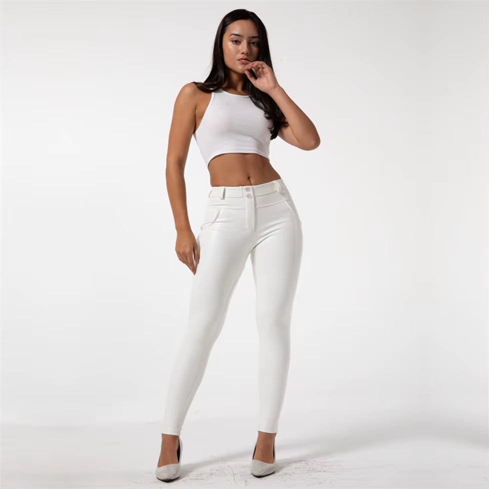 Shascullfites Melody White Leather Pants Womens Pu Pants Super Stretch Hips Lifting Lined Leggings for Winter Mid Rise