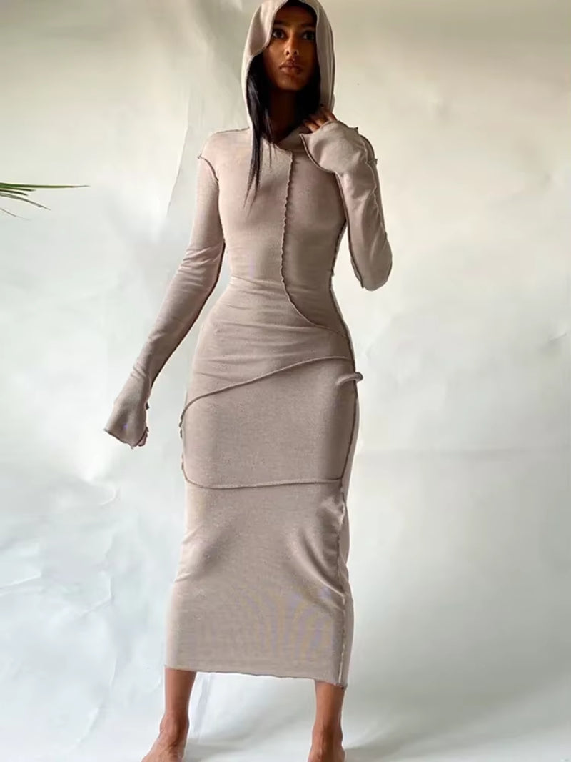 Fashionable Sexy Solid Colour Reverse Hem Summer Dress One Piece Slim Fit Long Hooded Dresses Casual Wooden Trim Y2K Streetwear