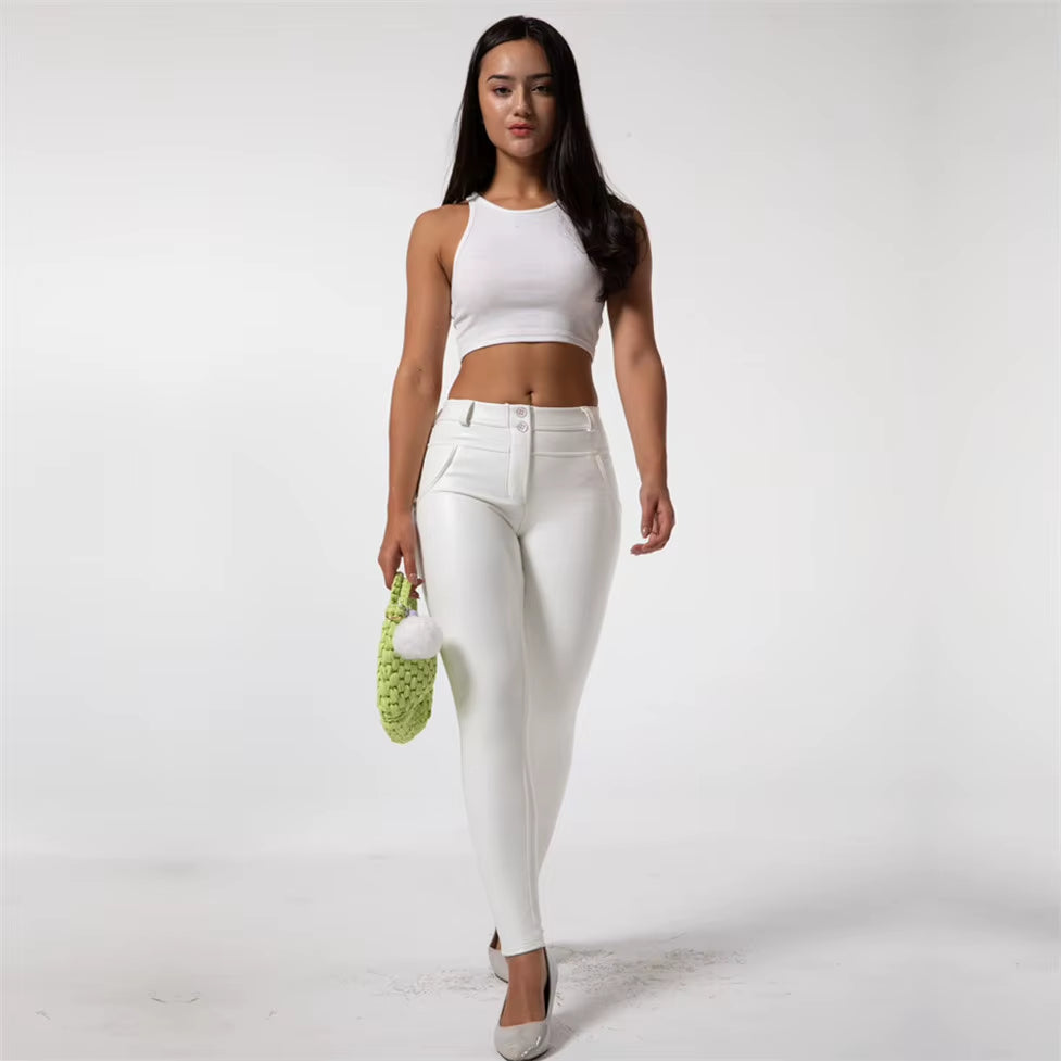 Shascullfites Melody White Leather Pants Womens Pu Pants Super Stretch Hips Lifting Lined Leggings for Winter Mid Rise