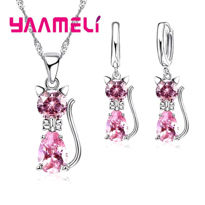 Real 925 Sterling Silver Color Jewelry Sets for Woman Girls Shining Austrian Crystal Cute Cat Pendant Necklace Huggie Earring