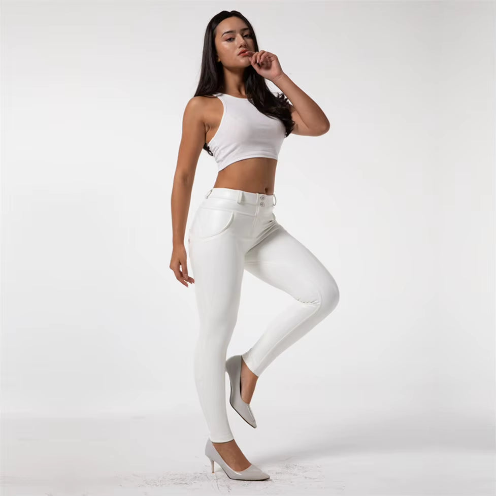 Shascullfites Melody White Leather Pants Womens Pu Pants Super Stretch Hips Lifting Lined Leggings for Winter Mid Rise