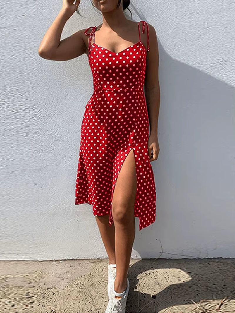 Dresses 2024 Sundress Summer Women Causal Polka Dot Sleeveless High Pleated Elastic Waist V-Neck Beach Dress Vestidos De Verano