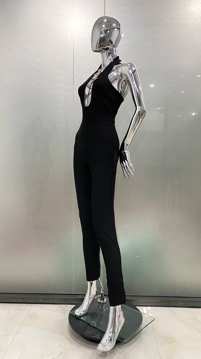 2024 New Arrival Sparkling Diamonds Rose Halter Sleeveless Jumpsuit Woman Fashion Party Outfit Stage Performance Costume