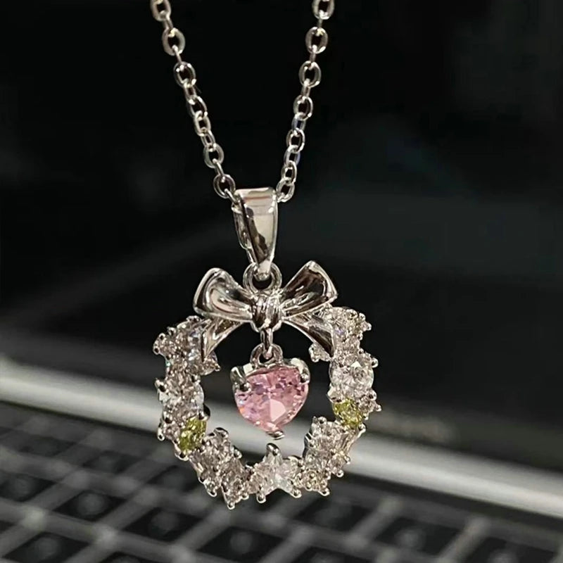 2023 Crystal Angel Wings Heart Pendant Necklace Y2K Girl Simple Pink White Zircon Love Elegant Ladies Necklace Women Jewelry