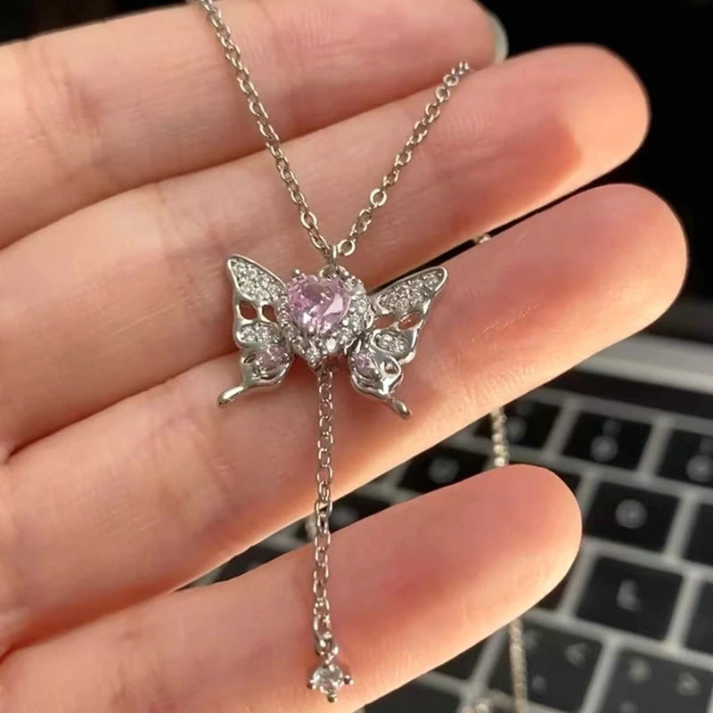 2023 Crystal Angel Wings Heart Pendant Necklace Y2K Girl Simple Pink White Zircon Love Elegant Ladies Necklace Women Jewelry