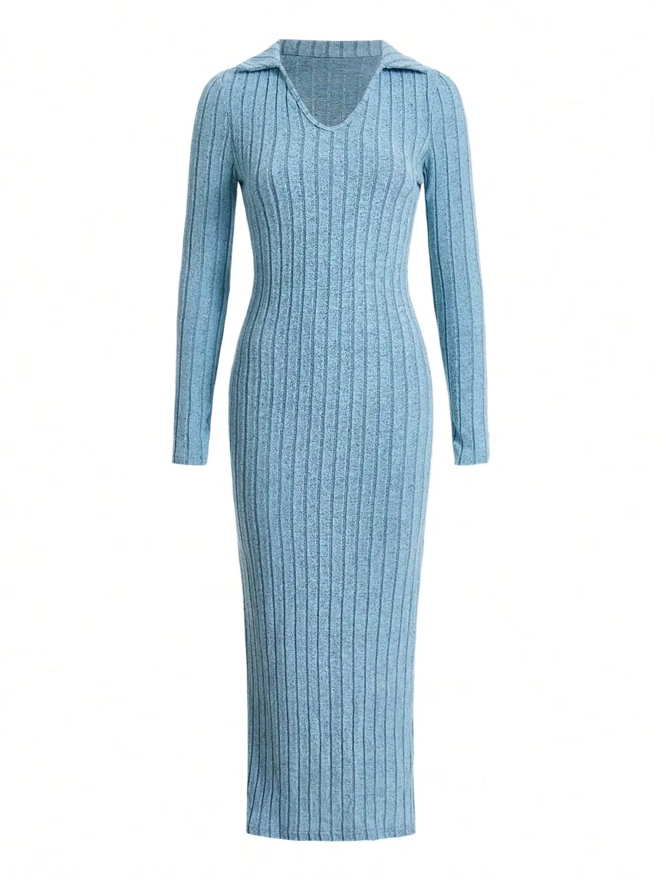 2024 New Women'S Sexy Knitted V-Neck Reverse Collar Split Dress Autumn/Winter Long Sleeve Elastic Basic Body Sweater