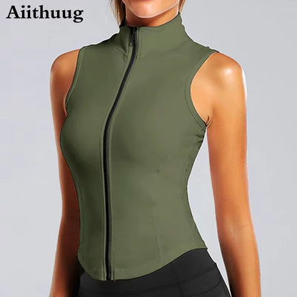 Aiithuug Athletic Zip up Sweat Vest Jacket Sleeveless Running Yoga Tops High Neck Shirts Sports Top Fitness Women Workout Tops