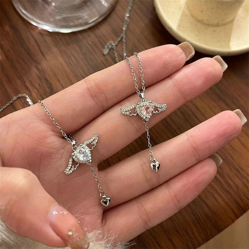 2023 Crystal Angel Wings Heart Pendant Necklace Y2K Girl Simple Pink White Zircon Love Elegant Ladies Necklace Women Jewelry