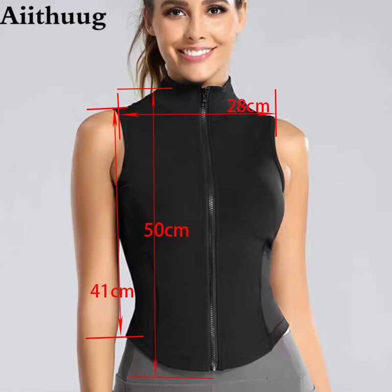 Aiithuug Athletic Zip up Sweat Vest Jacket Sleeveless Running Yoga Tops High Neck Shirts Sports Top Fitness Women Workout Tops