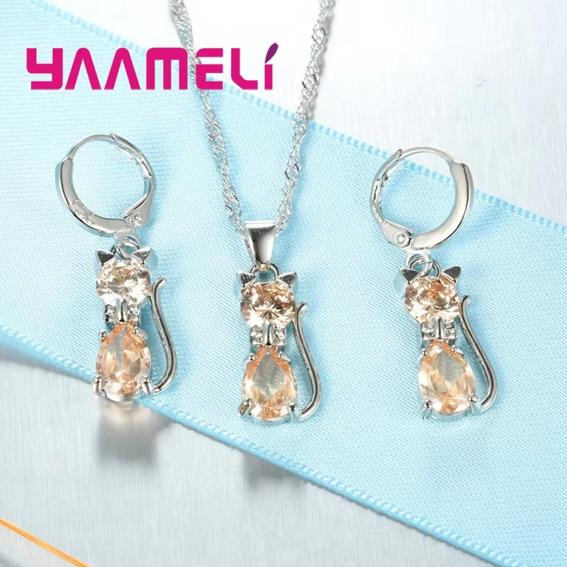 Real 925 Sterling Silver Color Jewelry Sets for Woman Girls Shining Austrian Crystal Cute Cat Pendant Necklace Huggie Earring