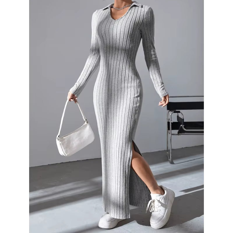 2024 New Women'S Sexy Knitted V-Neck Reverse Collar Split Dress Autumn/Winter Long Sleeve Elastic Basic Body Sweater