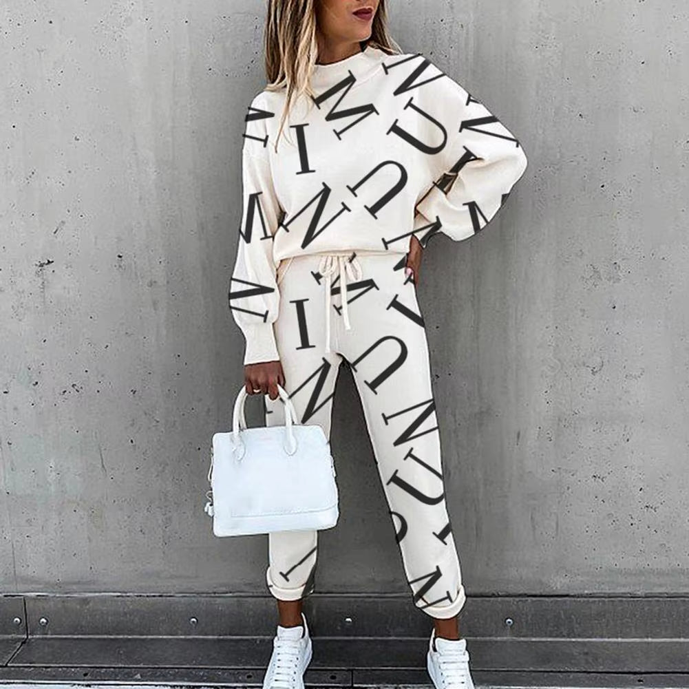 Tracksuit Letters Print/Tie Dye Sports Suit Women Long Sleeve Blouse Pockets Drawstring Pants Outfit for Spring/Autumn