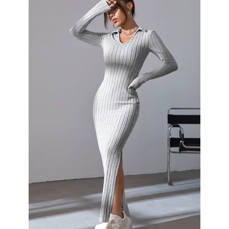 2024 New Women'S Sexy Knitted V-Neck Reverse Collar Split Dress Autumn/Winter Long Sleeve Elastic Basic Body Sweater