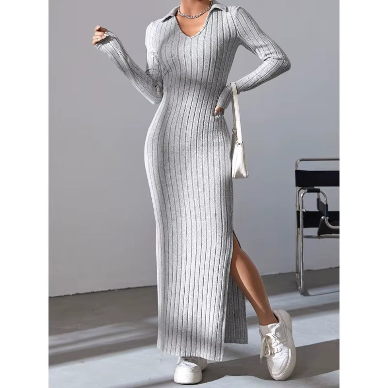 2024 New Women'S Sexy Knitted V-Neck Reverse Collar Split Dress Autumn/Winter Long Sleeve Elastic Basic Body Sweater