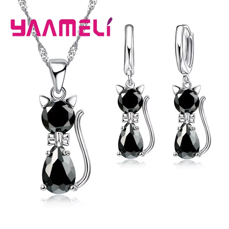 Real 925 Sterling Silver Color Jewelry Sets for Woman Girls Shining Austrian Crystal Cute Cat Pendant Necklace Huggie Earring