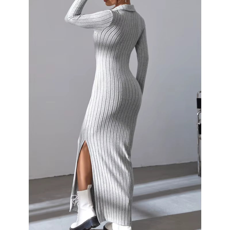 2024 New Women'S Sexy Knitted V-Neck Reverse Collar Split Dress Autumn/Winter Long Sleeve Elastic Basic Body Sweater